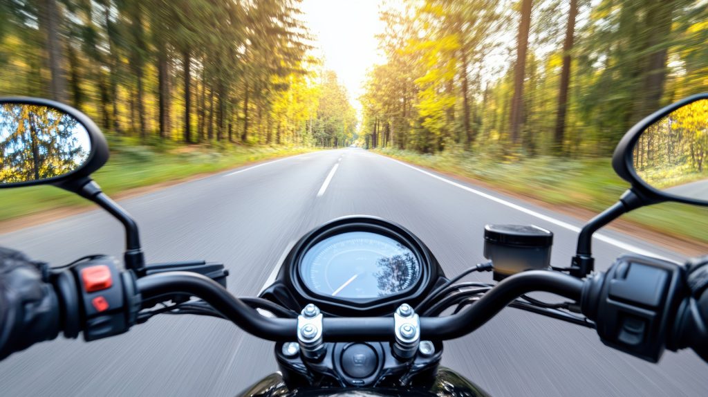 vecteezy-a-motorcycle-driving-down-a-road-in-the-woods-70027711
